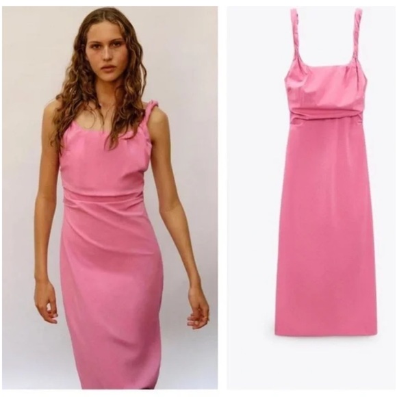 Zara Dresses & Skirts - Zara Bubblegum Barbie Pink Midi Dress Twist Straps Square Neck Dress small